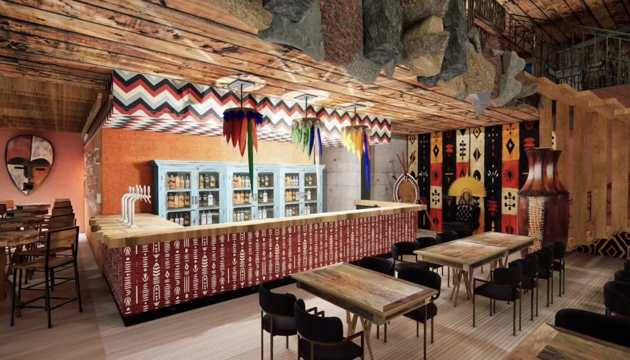 Salão e balcão de bar temático projetado pela Híbrida Arquitetura
