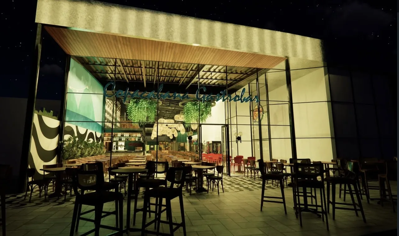 Fachada iluminada de casa de empadas projetada pela Híbrida Arquitetura