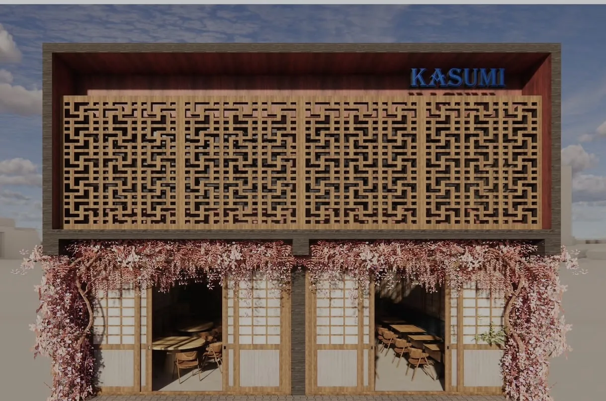 Fachada de restaurante japonês projetada pela Híbrida Arquitetura