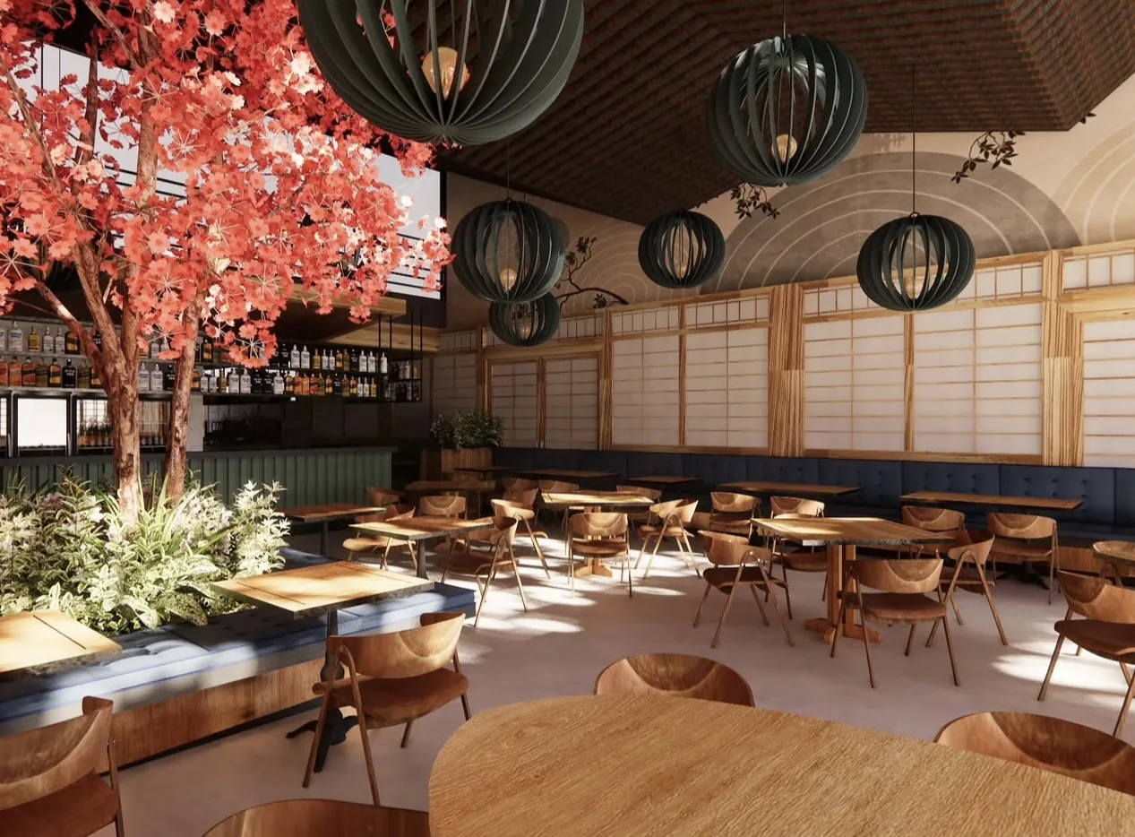 Salão de restaurante japonês projetado pela Híbrida Arquitetura