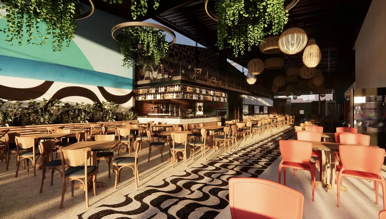 Salão de restaurante com bar central projetado pela Híbrida Arquitetura